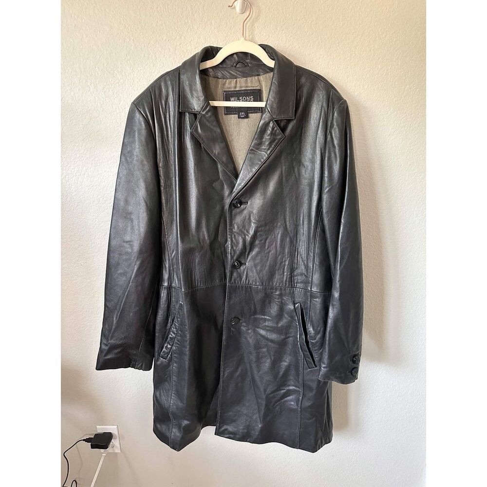 VTG Wilsons Leather Pelle Studio Mens 2XL Black Leather Car Coat Jacket 3-Button